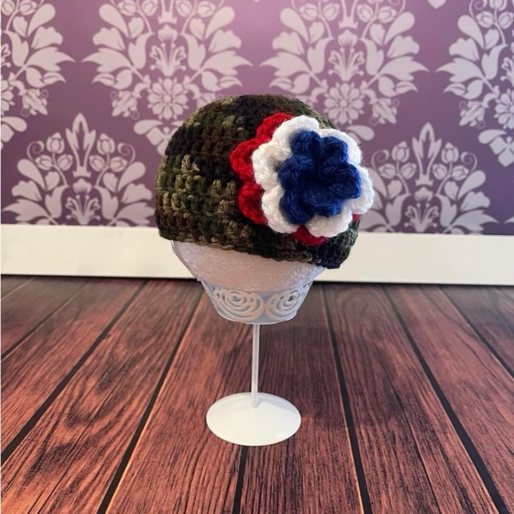 Crochet Camo Hat with Red, White & Blue Flower